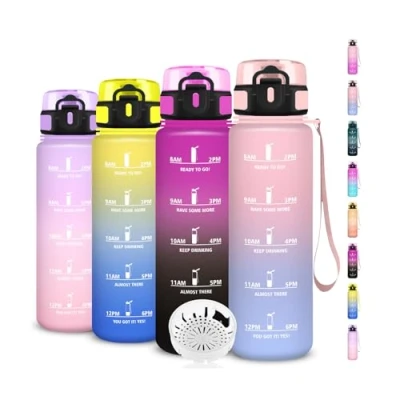 Abbildung von Trinkflasche 1l, Wasserflasche Sport, Kohlensäure Geeignet, Auslaufsicher, mit Zeitmarkierung und Filter, Leicht zu Reinigen, für Schule, Büro, Outdoor, Camping, Running