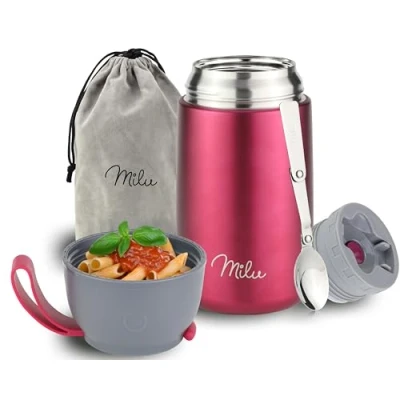Abbildung von Milu® Thermobehälter 450, 650ml, 800ml Edelstahl Warmhaltebehälter Essensbehälter Speisegefäß Babynahrung Essen warmhalten Behälter Thermo Lunchbox Müsli to go Navyblau,
