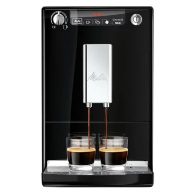 Abbildung von Melitta Solo Kaffeevollautomat mit höhenverstellbarem Auslauf, kleine Kaffeemaschine abnehmbarem Wassertank für z. B. Espresso oder Café Crème, schwarz