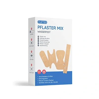 Abbildung von Pflaster Mix Set wasserfest 50 Stk Beige Box mit Fingerpflaster lang, Fingerkuppenpflaster, Gelenkpflaster &amp; Strips Pflasterbox gefüllt für Reise Büro Pflasterset band aid