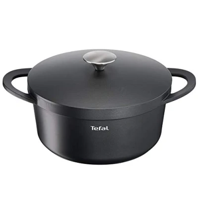 Abbildung von TEFAL TRATTORIA E21846 Schmortopf 24 cm Aluguss Gussdeckel Antihaft Beschichtung gute Wärmespeicherung Schmorgerichte Silikon Griffschutz Bratentopf induktionsgeeignet, Schwarz