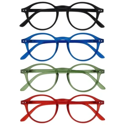 Abbildung von OPULIZE REY Lesebrille 4er Pack Runder Retro Rahmen Mattschwarz, Blau, Grün, Rot Herren Damen Federscharniere RRRR56 136Z +3.50