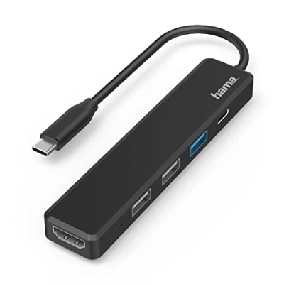 Abbildung von Hama USB C Hub, 5 Anschlüsse (USB Adapter mit 480 Mbit/s High Speed, HDMI Splitter für 4K Qualität 3.0, Power Delivery), schwarz