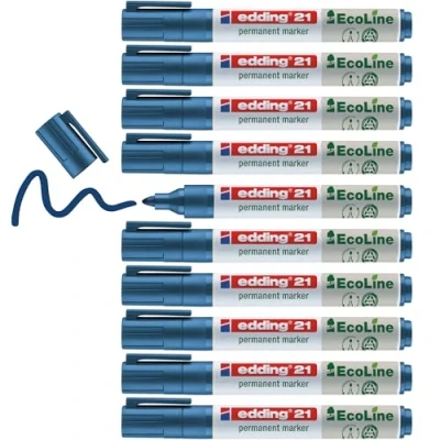 Abbildung von edding 21 Ecoline Permanentmarker blau 10 Stifte Rund Spitze 1,5 3 mm schnell trocknender Permanent Marker wasserfest, wischfest für Karton, Kunststoff, Holz, Metall Universalmarker