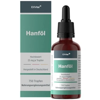 Abbildung von EXVital Hanfsamenöl, hochdosiert mit 25mg pro Tagesdosis,750 Tropfen sofort Effekt, kaltgepresst, 30ml, Premium Anbau