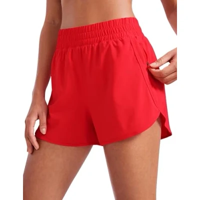 Abbildung von CRZ YOGA Damen Kurz Sporthose Laufhose High Waist Fitness Sport Shorts Kurze Hose mit Reißverschlusstasche Tiefrot 38