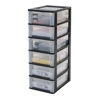 Abbildung von Iris Ohyama, Kunststoff Schubladenbox mit 6 flachen Schubladen, Schwarz, Easy Pull System, A4, A5 &amp; A6 Format, Schreibtisch Organizer für Büro, Schule, Schreibwaren, BPA frei, Schubladenschrank,
