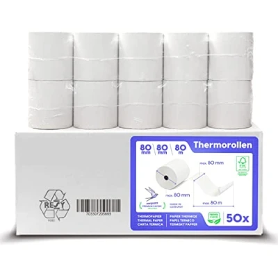 Abbildung von SWIPARO Thermorollen 80mm x 80m 12mm Kassenrollen Bonrollen zertifiziert für Registrierkasse mit Bondrucker Thermopapier 80x80x12 (50 Rollen)