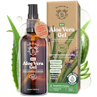 Abbildung von Bionoble Aloe Vera Gel BIO 100ml Pures Fruchtfleisch 100% Rein mit Ätherisches Lavendelöl Ohne Pulver, Xanthan Gesicht, Augenpartie, Körper, Haare Glasflasche + Pumpe