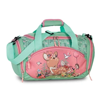 Abbildung von Umhängetasche Sporttasche Kinder Reisetasche mit REH Rehkitz Blumen Vögeln Igel für Mädchen &amp; Jungen 14,2 Liter 35 x 22 18,5 cm, rosa/türkis