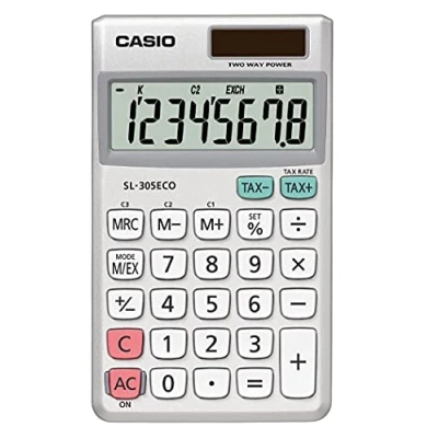 Abbildung von CASIO Taschenrechner SL 305ECO, 8 stellig, umweltfreundlich, Steuerberechnung, Aluminiumfront, Solar /Batteriebetrieb