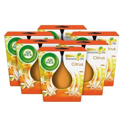 Abbildung von Air Wick Wohlfühl Duftkerze im Glas Duft: Citrus Enthält natürliche ätherische Öle 6 x 105 g Duftkerzenset