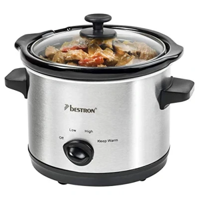 Abbildung von Bestron Slowcooker für 2 Personen, Schongarer mit Keramikpfanne &amp; Glasdeckel, 3 Stufen Thermostat, ideal viele Gerichte wie Fleisch, Suppen Gemüse, 1.5 Liter, Farbe: Silber