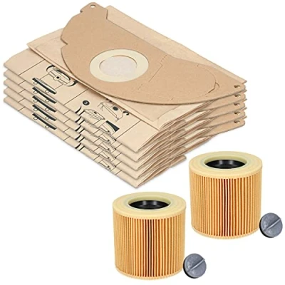 Abbildung von 20 Staubsaugerbeutel + 2 Filter für Kärcher WD2 und MV2 Staubsauger. Alternative 6.959 322.0 (Beutel) 6.414 552.0 (Patronenfilter)