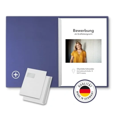 Abbildung von 3 Stück 2 teilige Bewerbungsmappen Blau mit 1 Klemmschiene in feinster Lederstruktur inkl. Versandumschläge im C4 Format Fenster