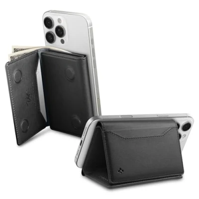 Abbildung von Spigen Valentinus S Magfit Magnetischer Kartenhalter mit 7 Kartenfächer und Geldscheinfach Kompatibel iPhone 16/15/14/13/12 Modelle Apfelleder Magsafe Wallet RFID Schutz Schwarz