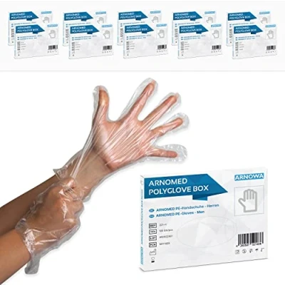 Abbildung von 1000 ARNOMED PE Einmalhandschuhe Einweg Herren (10 Boxen á 100 Stück), Handschuhe, Haushaltshandschuhe für Lebensmittel transparent, Schutzhandschuhe zum Haare färben, Dieselhandschuhe