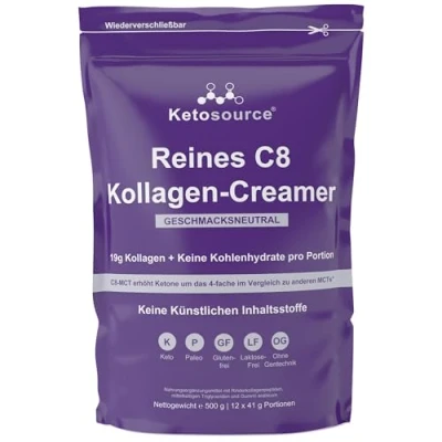 Abbildung von Reines C8 Kollagen Creamer Natürlicher Kakao Schokoladengeschmack Löst sich leicht ohne Klumpen Ideal für Keto Kaffee zum Abnehmen Geschmacksneutral 500g Beutel Ketosource®
