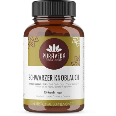 Abbildung von Schwarzer Knoblauch Extrakt hochdosiert 150 Kapseln 10:1 Ratio geruchslos 3% Polyphenole Allium Sativum L. Vegan Abgefüllt und kontrolliert in Deutschland Puraveda