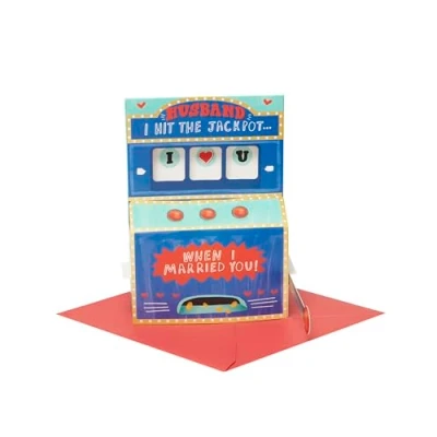 Abbildung von UK Greetings Valentinstagskarte für Ehemann Pop Up Jackpot Spielautomaten Design