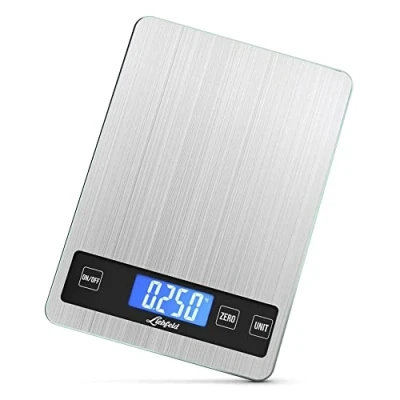 Abbildung von Liebfeld Küchenwaage Digital Präzise Waage aus Edelstahl u. Glas mit großer Wiegefläche bis 15kg Beleuchtetes Display Digitale inkl. 2 AA Batterien Küchen Zubehör