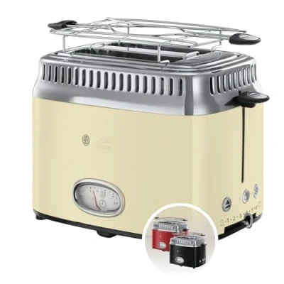 Abbildung von Russell Hobbs Toaster [für 2 Scheiben] Retro Edelstahl Creme (Countdown Anzeige im Retrodesign, inkl. Brötchenaufsatz, 6 Bräunungsstufen + Auftau &amp; Aufwärmfunktion, 1300W) Vintage 21682 56