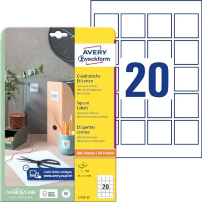 Abbildung von AVERY Zweckform L7121 25 Quadratische Etiketten (500 Klebeetiketten, 45x45mm auf A4, QR Code Aufkleber zum Bedrucken, selbstklebend, permanent haftende Etiketten) Blatt, weiß