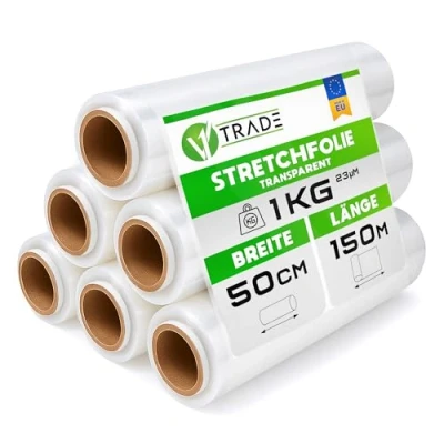 Abbildung von V1 Trade Stretchfolie Transparent 6 Strechfolienrolle Wickelfolie Handstretchfolie 150 Meter Lang und 50 cm Breit Verpackungsmaterial Verpackungsfolie auf Rolle Folie Für Möbel