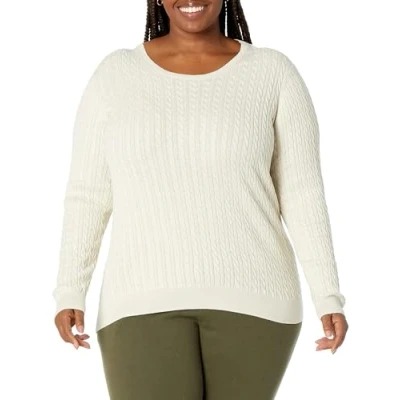 Abbildung von Amazon Essentials Damen Leichter Langarm Pullover Mit Rundhalsausschnitt Zopfmuster (Erhältlich In Übergröße), Haferbeige Meliert, S