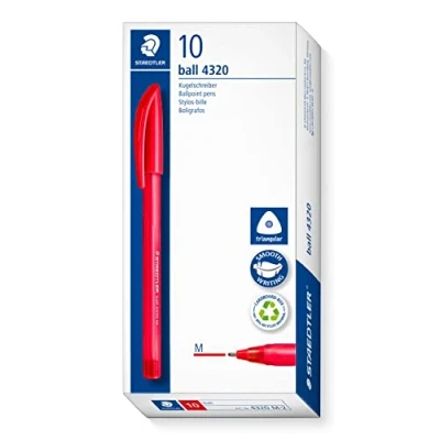 Abbildung von STAEDTLER dreikant stick Kugelschreiber, Schreibfarbe rot, Linienbreite M ca. 1,00 mm, für entspanntes Schreiben, 10 rote Kugelschreiber im Kartonetui, 4320 2