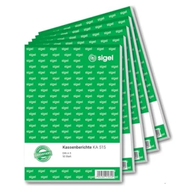 Abbildung von SIGEL KA515 Kassenbericht A5, 5 Stück á 50 Blatt, zur korrekten Ermittlung des Tagesabschlusses, für Brutto und Nettoverbuchungen, mikroperforiert, aus nachhaltigem Papier