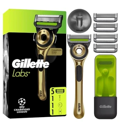 Abbildung von GilletteLabs mit Reinigungs Element, Rasierer für Männer Champion Gold Edition, 1 Handstück 1, beinhaltet Wandhalterung einfache Lagerung im Badezimmer