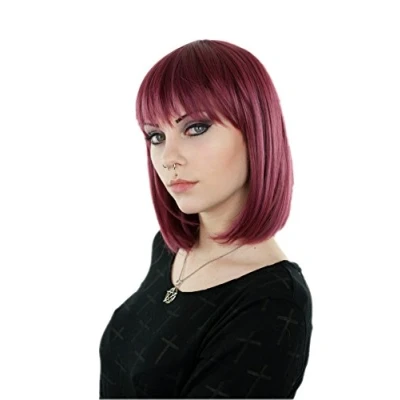 Abbildung von Prettyland Kurze Mittellange Bob Schnitt Perücke Glatt Pflaumen Rot Party Alltag Wig C1277
