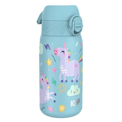 Abbildung von Ion8 Kinder Trinkflasche, Edelstahl 400ml, Auslaufsicher, Einhandöffnung, Sichere Verriegelung, Spülmaschinenfest, Klappdeckel, Tragegriff, Leicht zu Reinigen, Langlebig &amp; Kratzfest, Blau Einhorn