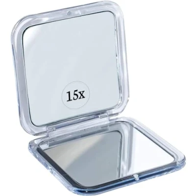 Abbildung von Zusammenklappbarer Reisespiegel mit 15 Fach Vergrößerung Kleiner Spiegel zum Schminken auf Reisen 8,4 cm Mini Quadrat, Klappbar Kosmetikspiegel (Silber)