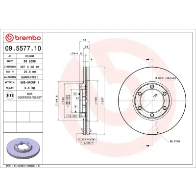 Abbildung von BREMBO 09.5577.10 Bremsscheibe 257 22 6 innenbelüftet OPEL: Sintra, Frontera A Sport Off Road Convertible, Road, ISUZU: D Max 1 Pickup