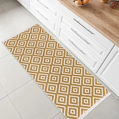 Abbildung von Fashion4Home Teppich Kurzflor Boho Kelim Teppich, Wohnzimmerteppich, Schlafzimmer und Küchenteppich, Läufer, Flur Kinderzimmerteppich Trio Gold Weiß, Grüße: 80x200 cm