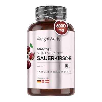 Abbildung von Montmorency Sauerkirschen Kapseln 6000 mg (50:1) 180 Vegane 3 Monate Vorrat 120 Sauerkirsch Extrakt aus Direktsaft Tart Cherry Kirschextrakt Nahrungsergänzungsmittel WeightWorld