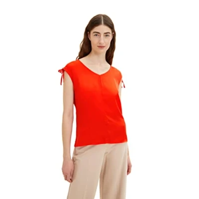 Abbildung von TOM TAILOR Damen 1035851 T Shirt mit V Ausschnitt &amp; Raffung, 15612 Fever Red, L