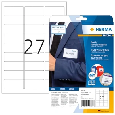Abbildung von HERMA 4511 Namensetiketten ablösbar, 20 Blatt, 63,5 x 29,6 mm, 27 pro A4 Bogen, 540 Stück, selbstklebend, bedruckbar, rückstandsfrei abziehbare Acetatseide Namensaufkleber Etiketten, weiß