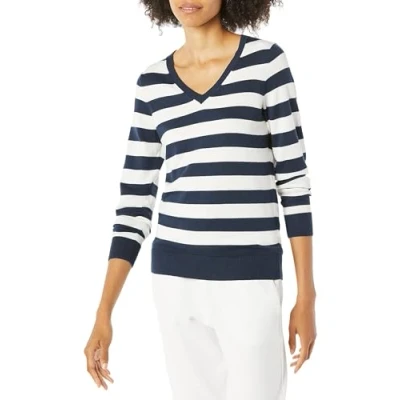Abbildung von Amazon Essentials Damen Leichter, Langärmeliger Pullover Mit V Ausschnitt, Klassischer Schnitt (Erhältlich In Übergröße), Marineblau Weiß Rugby Streifen, M