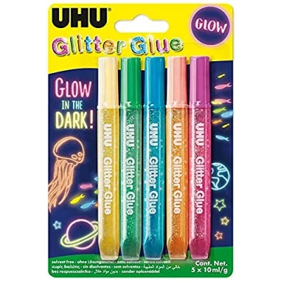 Abbildung von UHU Glitter Glue Glow in the Dark, Klebstoff mit Glitzerpartikel und &quot;Glow Dark&quot; Effekt (leuchtet im Dunkeln), 5 x 10 ml