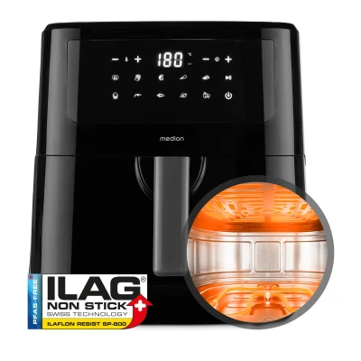 Abbildung von MEDION P10 XL Heißluftfritteuse (6,8 Liter XXL Frittierkorb, 2.150 Watt, zwei Heizelemente aus Edelstahl, Schüttel Alarm, 9 Automatikprogramme, Touch Bedienfeld, LED Anzeige)