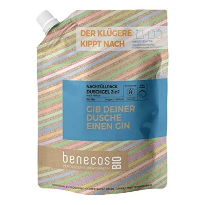 Abbildung von benecosBIO Nachfüllbeutel Duschgel 2in1 BIO GIN Haut &amp; Haar GIB DEINER DUSCHE EINEN vegan recyceltes Plastik
