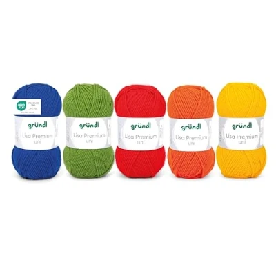 Abbildung von Gründl Wolle Lisa Premium uni, Garn zum Stricken und Häkeln aus 100% Polaycryl, 50 g / 133 m, 5 x Knäuel, Strickset/Häkelset, Basic Mix