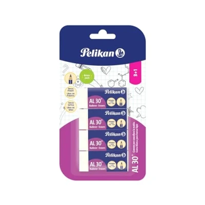 Abbildung von Pelikan 24005982 Radiergummi AL 30, weiß, Blister mit 4 Stück, geeignet für technische und schulische Designs, Blockform, Bleistifte
