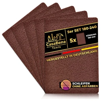 Abbildung von CasaBena® 5er Set Schleifvlies für Holz, Metall, Lack &amp; Edelstahl MADE IN GERMANY Schleifpapier Schleifpads 5 Pads mit Körnungen [180 240] 150x210mm MITTEL Schleifwolle Schmirgelpapier