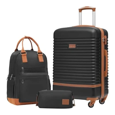 Abbildung von COOLIFE Koffer Trolley Reisekoffer von ABS Hartschalen 4 Rollen TSA Schloss Der Enthält 1 Reiserucksack und Kulturbeutel (Schwarz/Braun, Mittlerer Set 3tlg)