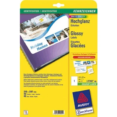 Abbildung von AVERY Zweckform L7767 40 Hochglanz Etiketten (40 Glossy Aufkleber, 210x297mm auf A4, selbstklebend, bedruckbar, hochglänzendes Papier zur Produktkennzeichnung, für Laser Drucker) Blatt, weiß