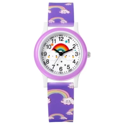 Abbildung von JewelryWe Kinder Armbanduhr Silikon Kinderuhr: Lila Silikonarmband Junge Mädchen Süße Regenbogen Wolken Muster Analog Quarz Uhr Sportuhr Lernuhr